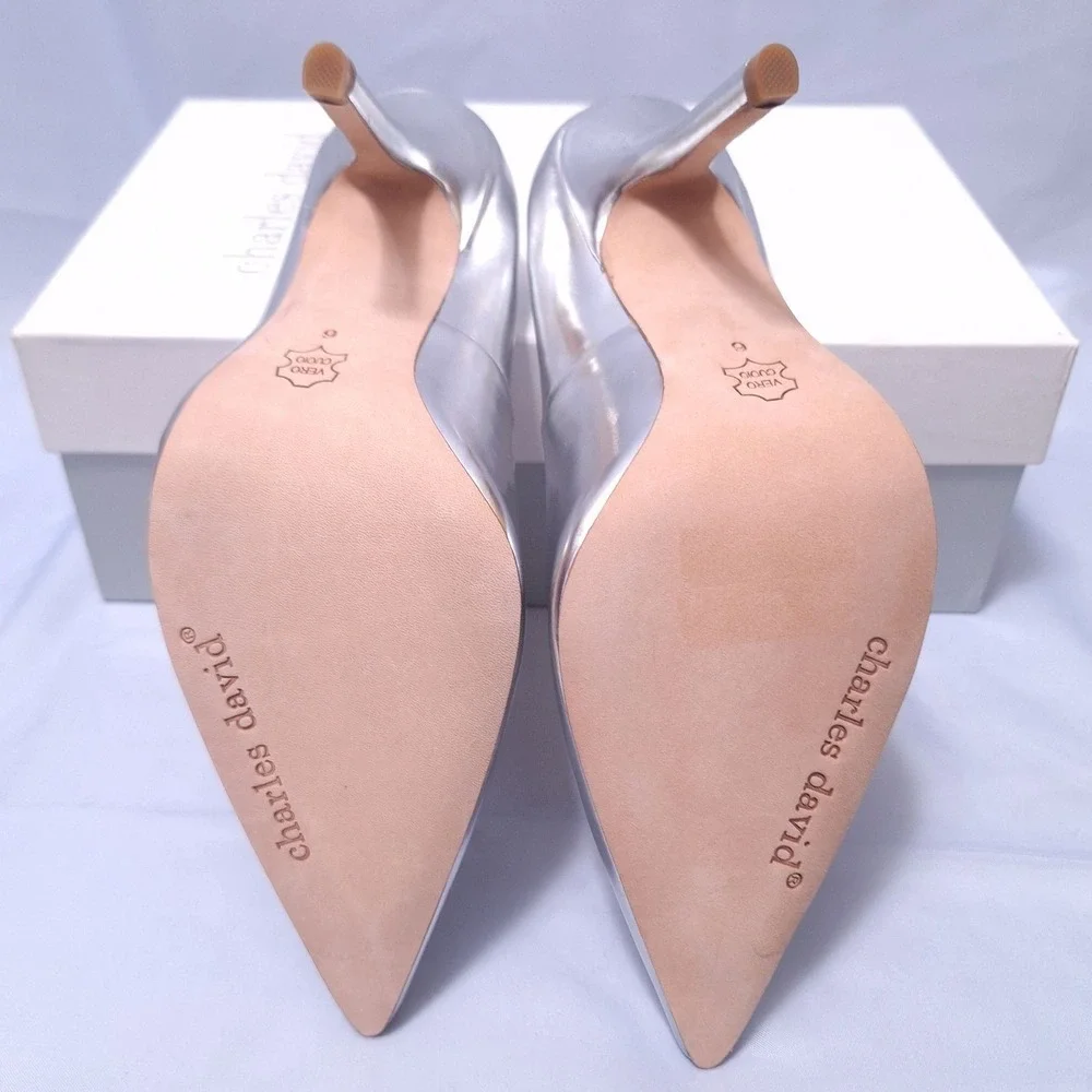Charles David Sway Silver Mirror‎ Pointed Toe Stiletto Heels Pumps Sz 6 Y2K Gala